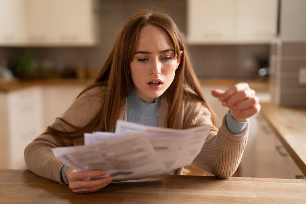 woman,shocked,by,high,bills,in,kitchen